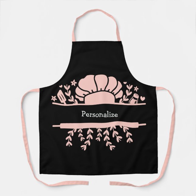 Cute Chef Hat Rolling Pin Baker Pink Black Apron (Front)