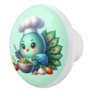 Cute chef kitchen bird peacock ceramic knob