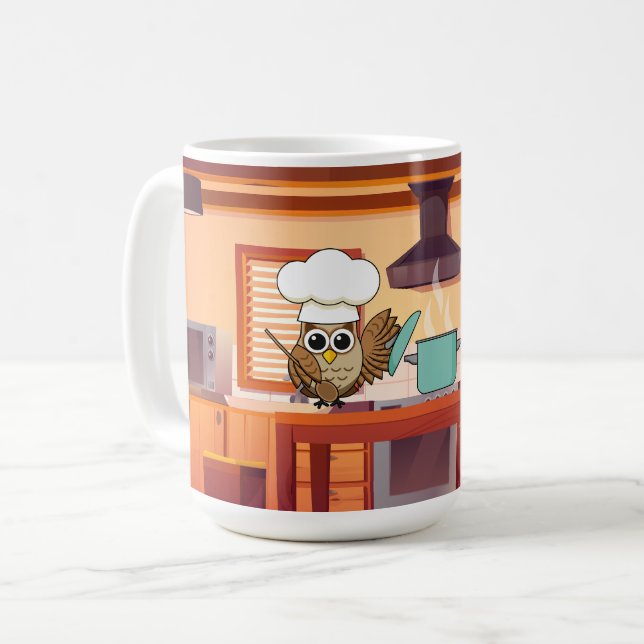 Cute Chef Owl Cooking in Kitchen Coffee Mug (Front Left)