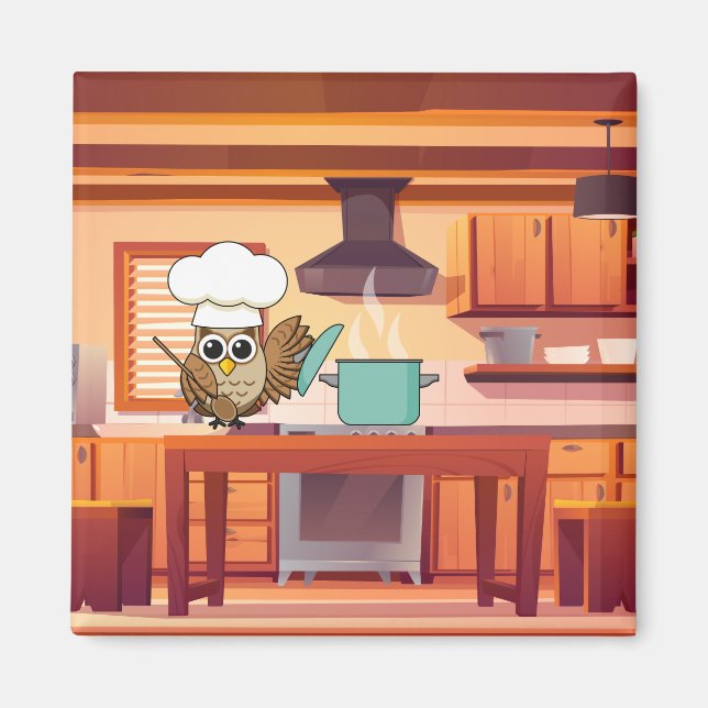 Cute Chef Owl Cooking in Kitchen Magnet (Front)