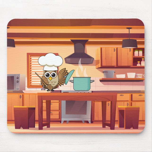 Cute Chef Owl Cooking in Kitchen Mouse Pad (Front)