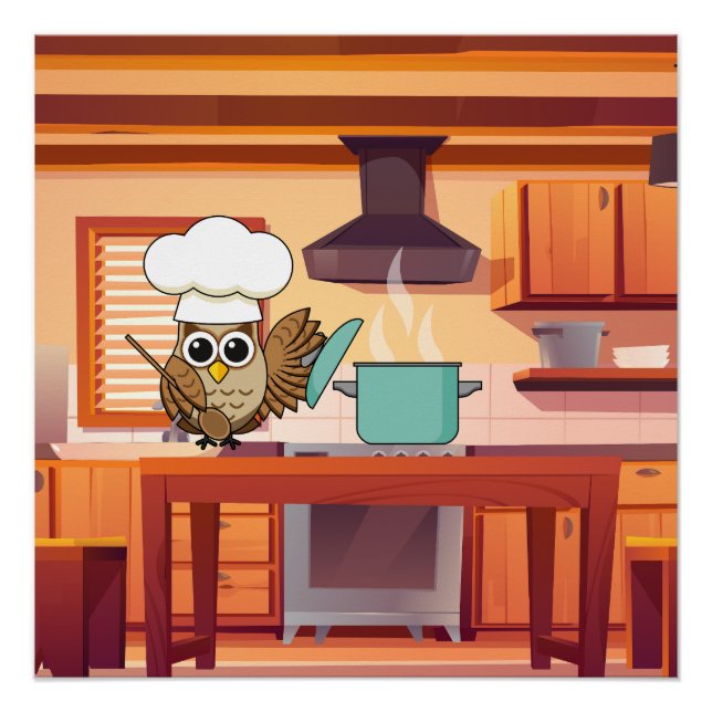 Cute Chef Owl Cooking in Kitchen Poster (Front)