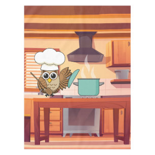 Cute Chef Owl Cooking in Kitchen Tablecloth