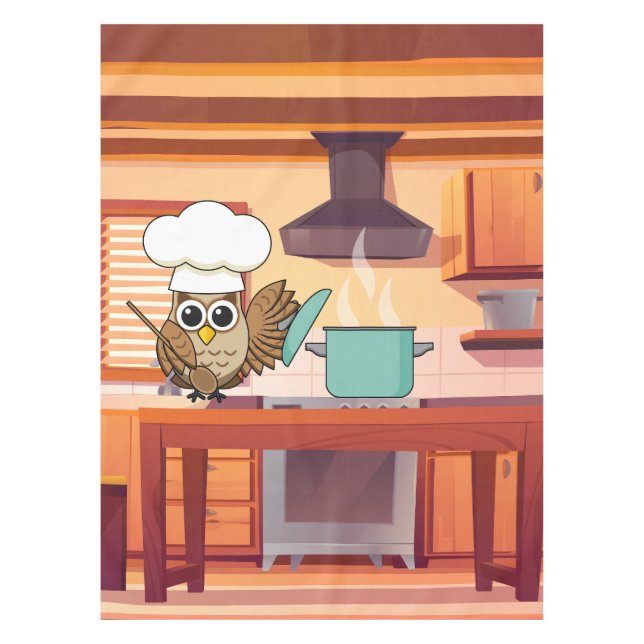 Cute Chef Owl Cooking in Kitchen Tablecloth (Front)
