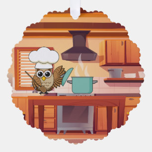 Cute Chef Owl Cooking in Kitchen Tree Decoration Card