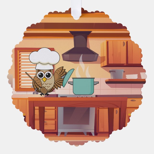 Cute Chef Owl Cooking in Kitchen Tree Decoration Card (Front)