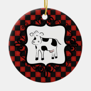 Cute Chequerboard Cow Whimsical Animal Ceramic Ornament