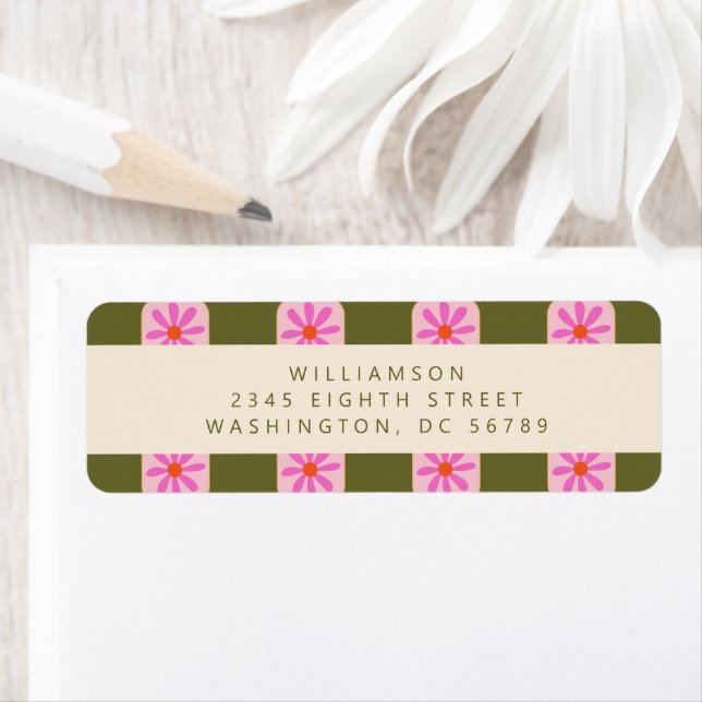 Cute Chequerboard Flower Green Pink Return Address Label (Insitu)