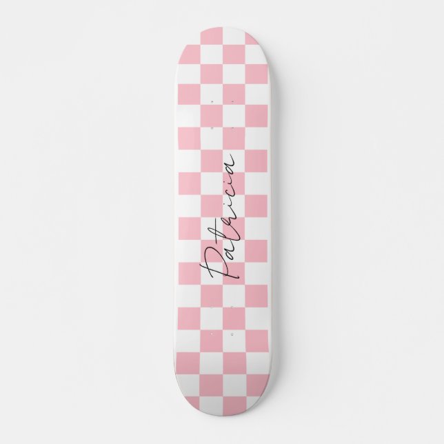 Cute Chequerboard Pattern Pink Skateboard (Front)