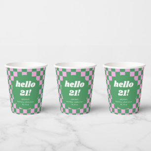 Cute Chequerboard Pink Green 21st Birthday Custom Paper Cups