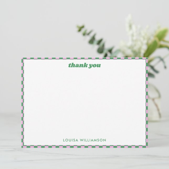 Cute Chequerboard Pink Green 21st Birthday Party Thank You Card (Standing Front)