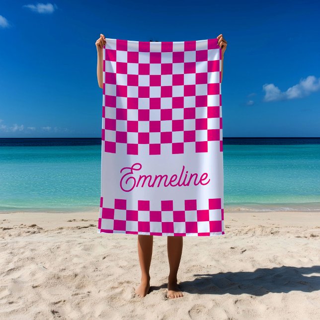 Cute Chequered Custom Name Pink Summer Pool Beach Towel (Creator Uploaded)