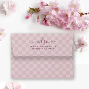 Cute Chequered Dusty Pink Script font envelope