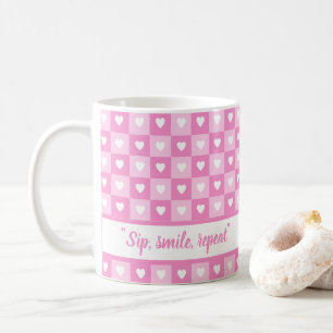 Cute chequered hearts patterned pink custom name coffee mug