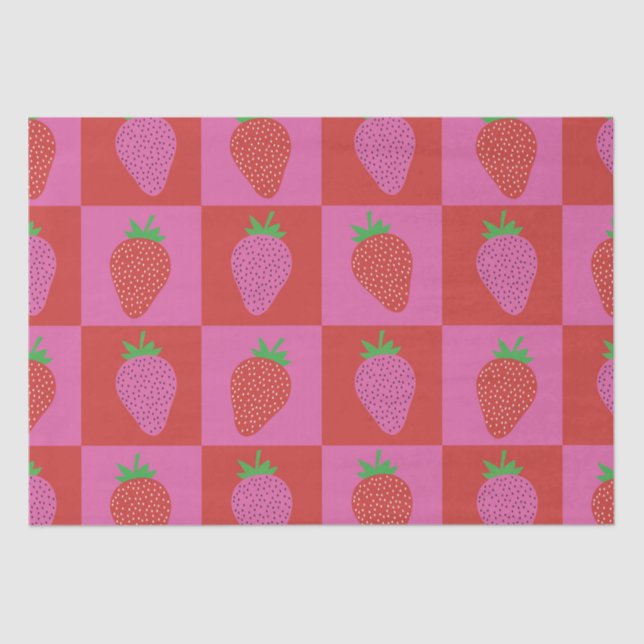 Cute Chequered Pink and Red Strawberries Pattern  Tissue Paper (Front)