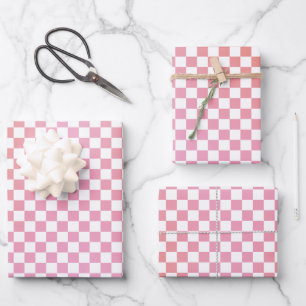 Cute Chequered Pink Orange Summer Wrapping Paper Sheet