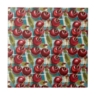 Cute Cherries Chequered Plaid Pattern  Ceramic Tile