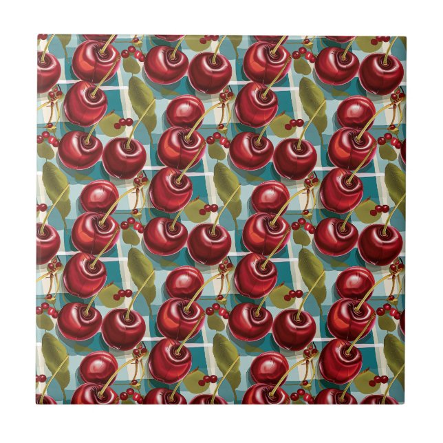 Cute Cherries Chequered Plaid Pattern  Ceramic Tile (Front)