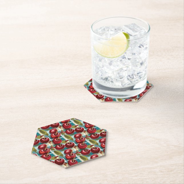 Cute Cherries Chequered Plaid Pattern  Paper Coaster (Insitu)