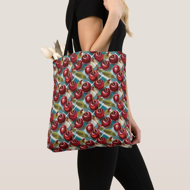 Cute Cherries Chequered Plaid Pattern  Tote Bag (Close Up)