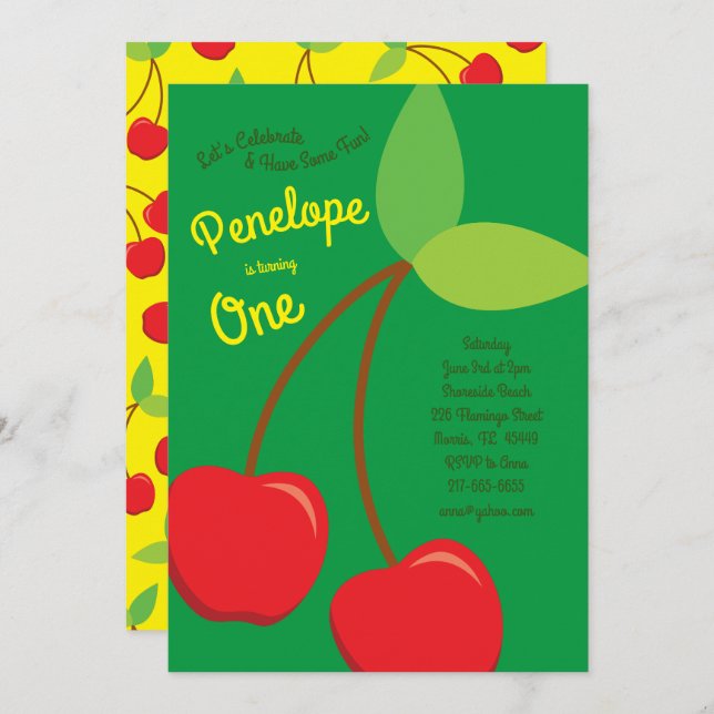 Cute Cherries Kids 1st Birthday Party Cherry Invitation (Front/Back)