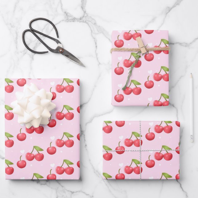 Cute Cherry 1st Birthday Party Wrapping Paper Sheet (Front)