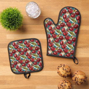 Cute Cherry and Blue Chequered Plaid Pattern Oven Mitt & Pot Holder Set