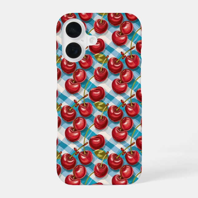 Cute Cherry and Blue Plaid Pattern  iPhone 16 Case (Back)