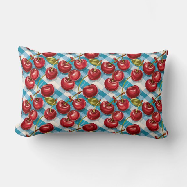 Cute Cherry and Blue Plaid Pattern  Lumbar Cushion (Front)