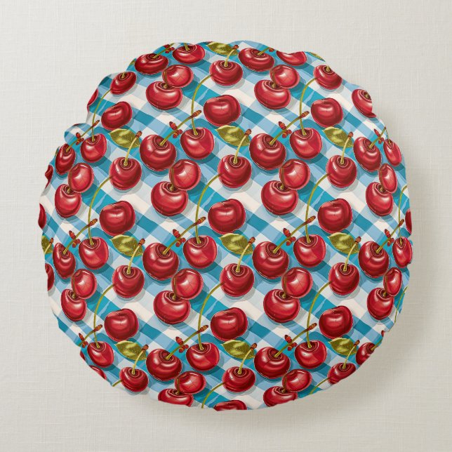 Cute Cherry and Blue Plaid Pattern  Round Cushion (Front)