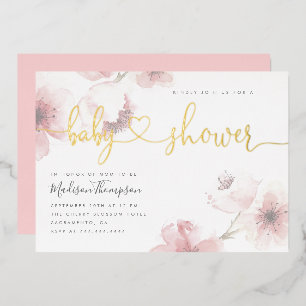 Cute Cherry Blossom Gold Script Floral Baby Shower