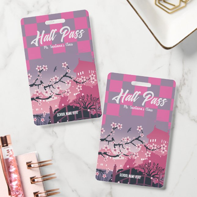 Cute Cherry Blossom Hall Pass Customizable Checker ID Badge (Office)
