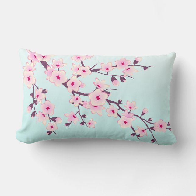 Cute Cherry Blossoms Pink Turquoise Lumbar Cushion (Front)