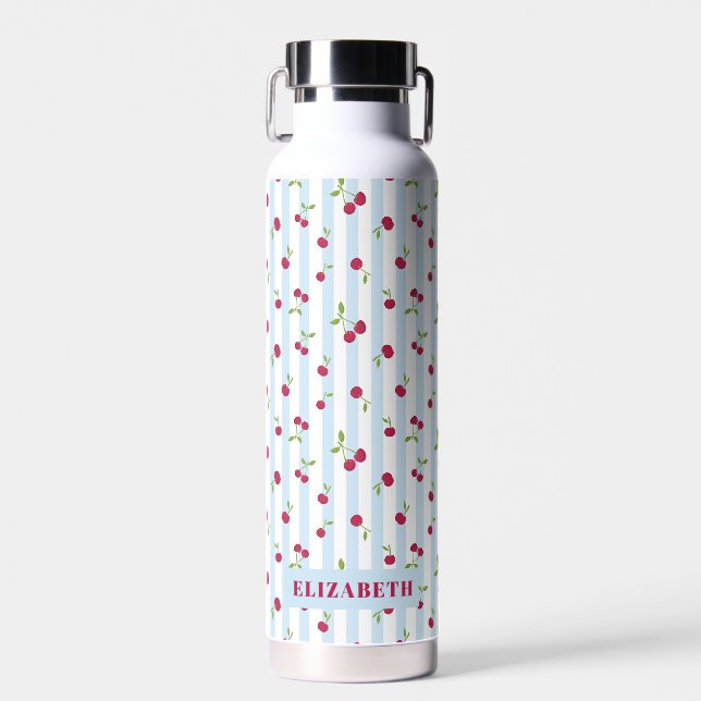 Cute Cherry Blue Stripes Retro Personalised Water Bottle (Front)
