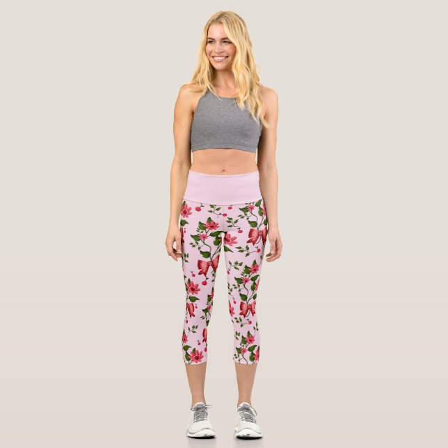 Cute Cherry Bow floral Pattern  Capri Leggings (Front)