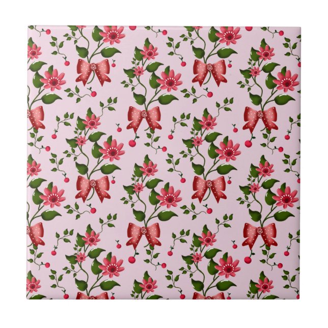 Cute Cherry Bow floral Pattern  Ceramic Tile (Front)