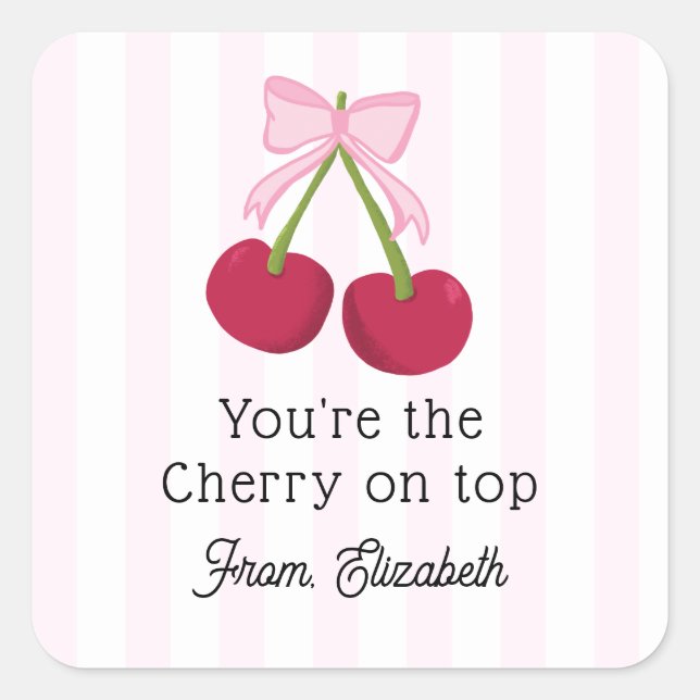 Cute Cherry Bow Pink Stripes Coquette Aesthetic Square Sticker (Front)
