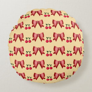 Cute Cherry Bow Seamless Pattern Pink Aesthetic Ka Round Cushion