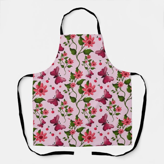 Cute Cherry Butterfly Pattern, Glossy Kawaii Fruit Apron (Front)