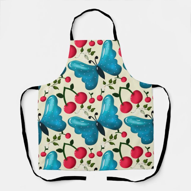 Cute Cherry Butterfly Pattern, Glossy Kawaii Fruit Apron (Front)