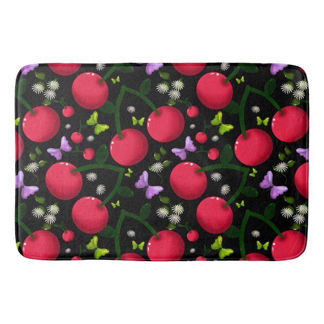 Cute Cherry Butterfly Pattern, Glossy Kawaii Fruit Bath Mat (Front)