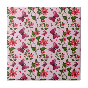 Cute Cherry Butterfly Pattern, Glossy Kawaii Fruit Ceramic Tile