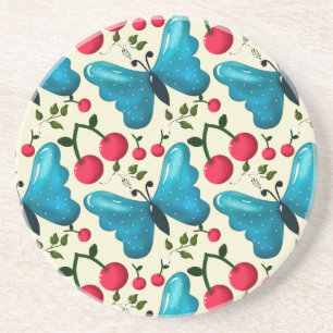 Cute Cherry Butterfly Pattern, Glossy Kawaii Fruit Coaster