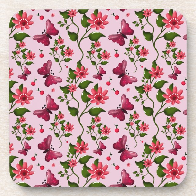 Cute Cherry Butterfly Pattern, Glossy Kawaii Fruit Coaster (Front)