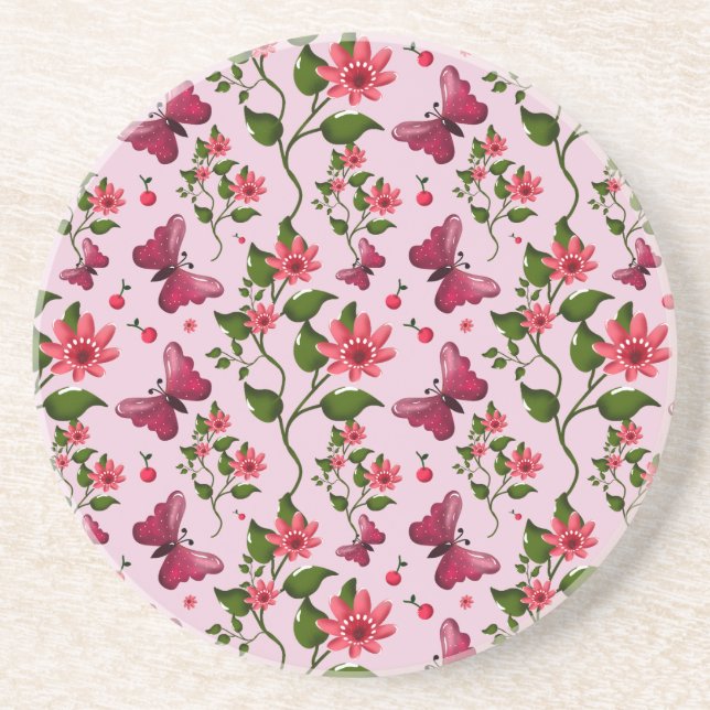 Cute Cherry Butterfly Pattern, Glossy Kawaii Fruit Coaster (Front)
