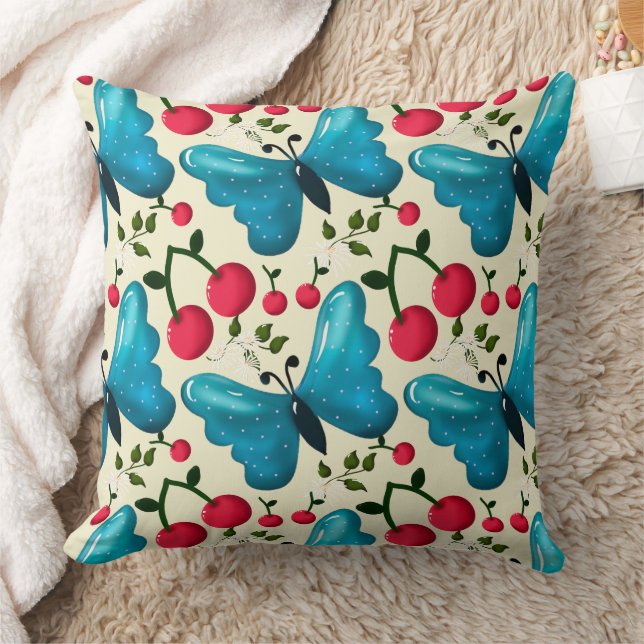 Cute Cherry Butterfly Pattern, Glossy Kawaii Fruit Cushion (Blanket)
