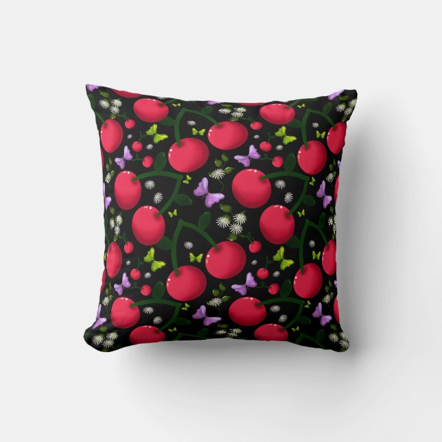 Cute Cherry Butterfly Pattern, Glossy Kawaii Fruit Cushion (Front)