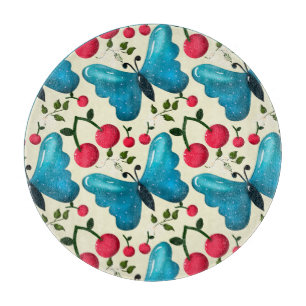 Cute Cherry Butterfly Pattern, Glossy Kawaii Fruit Cutting Board