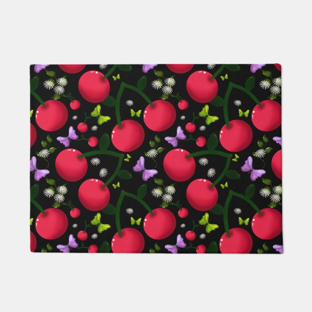 Cute Cherry Butterfly Pattern, Glossy Kawaii Fruit Doormat (Front)