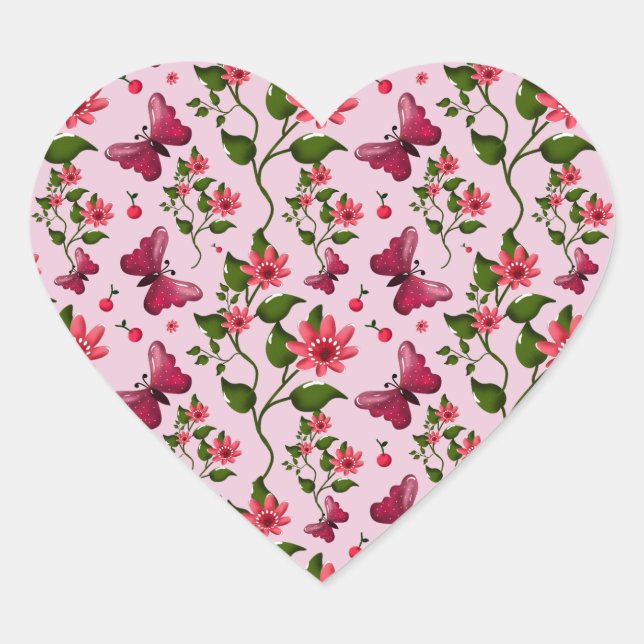 Cute Cherry Butterfly Pattern, Glossy Kawaii Fruit Heart Sticker (Front)